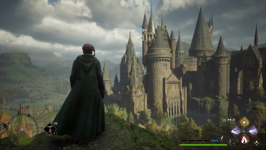 Vista aerea del castillo de Hogwarts.